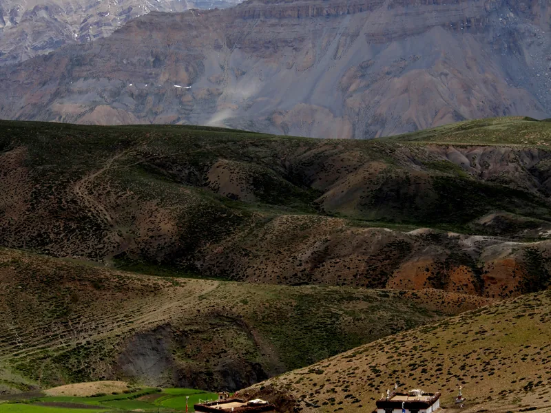 Stepped terraces at Komic village, Spiti — every flat patch built and held by hand.